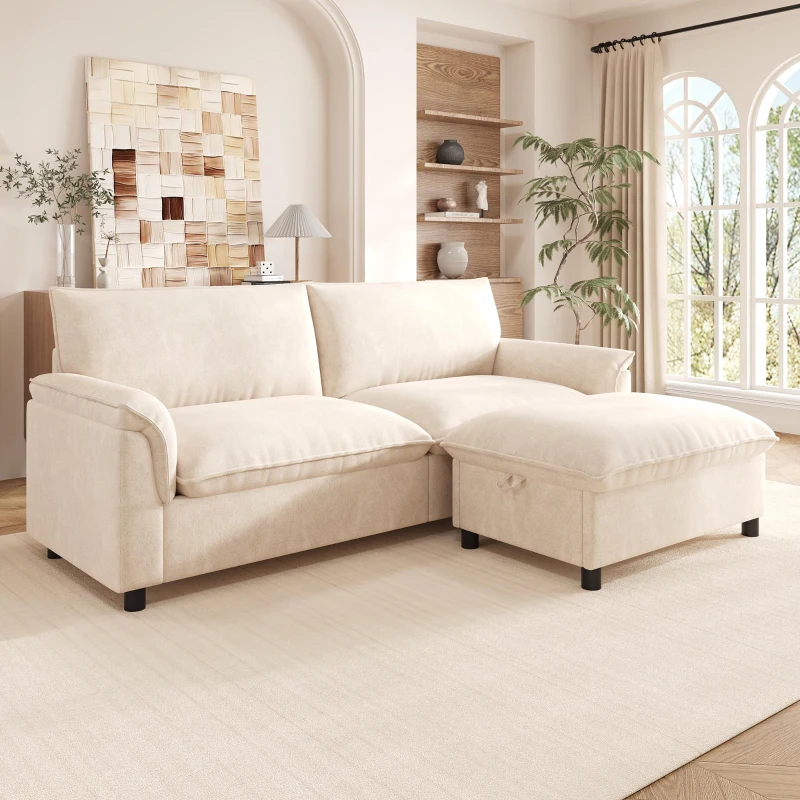 Sofá de canto modular Cloud, inclui pufe flexível com grande espaço de arrumação oculto, 216x77x82 cm, Bege