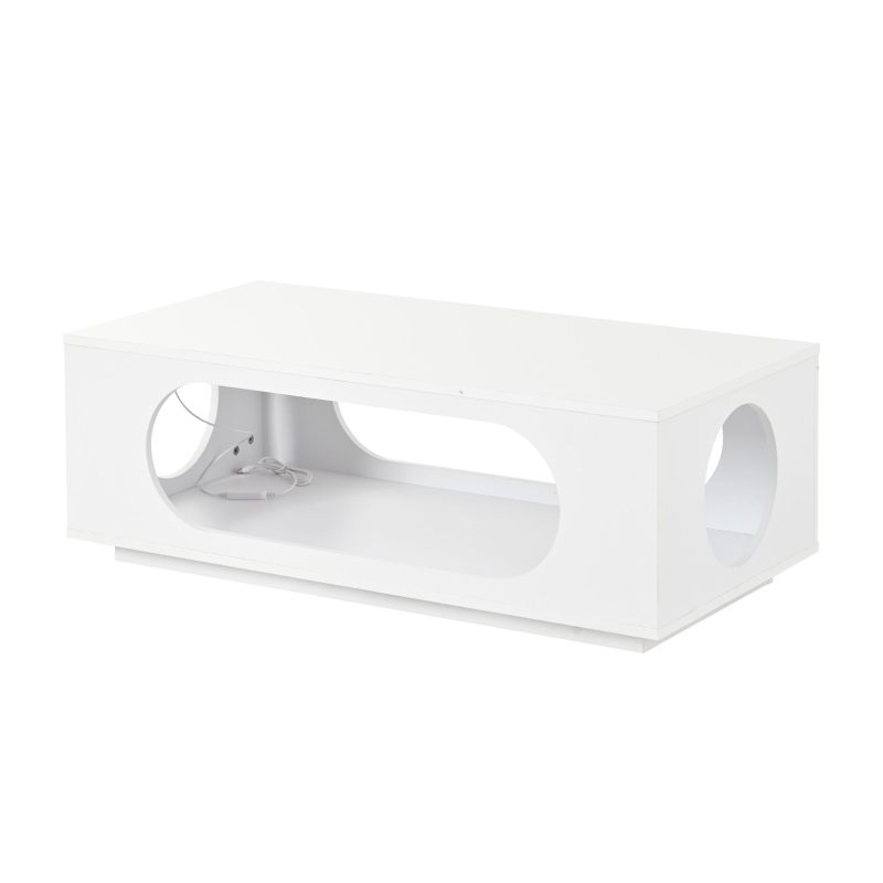 Mesa de centro con iluminación LED, gran espacio de almacenamiento con gestión de cables integrada, 100x50x35 cm, Blanco