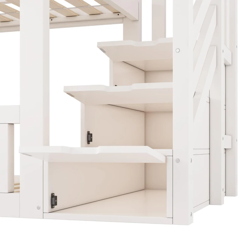Letto a castello 4 posti con armadio a scaletta e spazio contenitore, 254x95x170 cm, Bianco