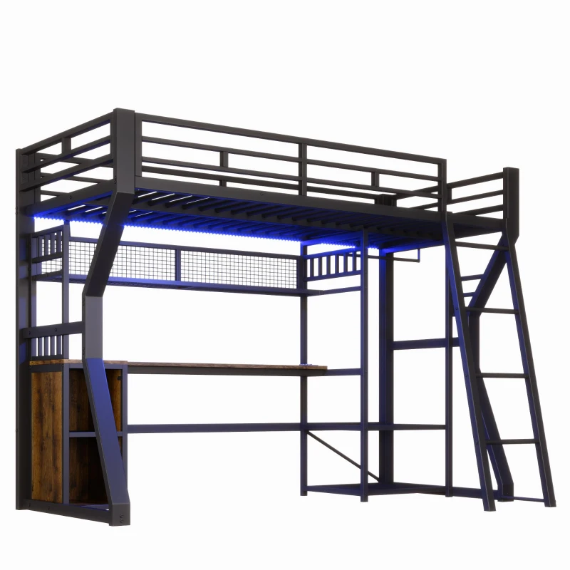 Cama alta para colchão 90×200 cm, com arrumação e espaço aberto por baixo da cama, sem colchão, 204x131,5x180 cm, Preto
