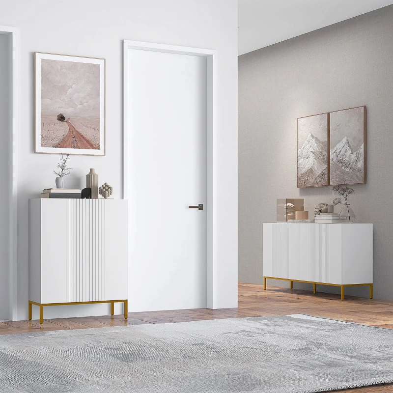 HOMCOM Aparador de Salón de 4 Puertas con Estantes Ajustables y Patas Doradas 140x40x75 cm para Entrada Dormitorio Blanco