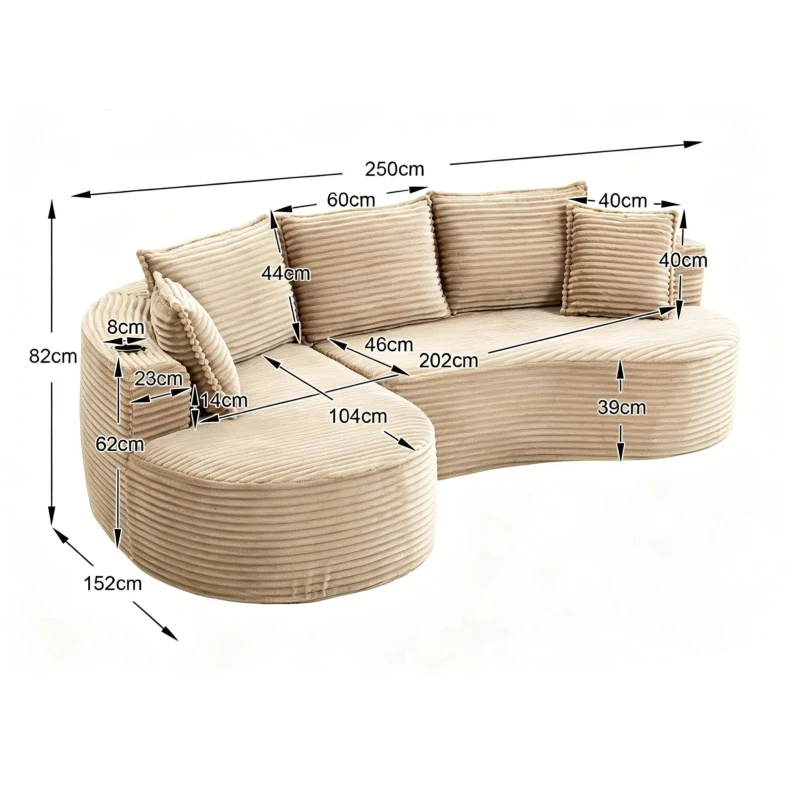 Bogesofa em veludo cotelê, com porta-copos em ambos os lados e bolso lateral, inclui almofadas, 250x152x82 cm, Caqui