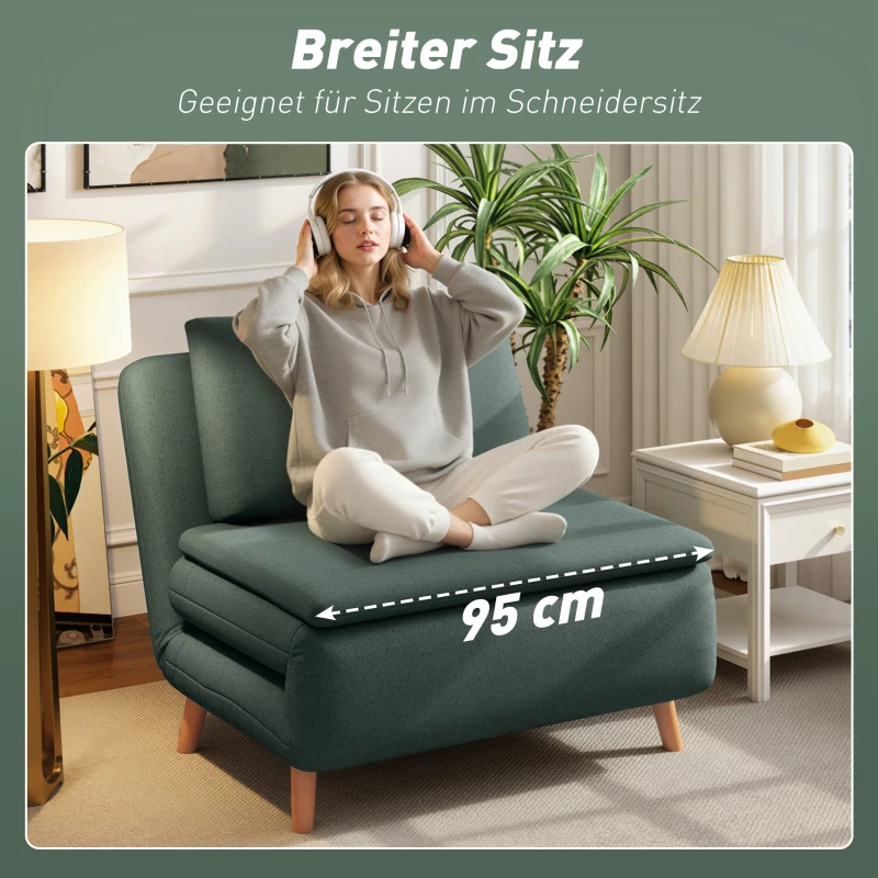 HOMCOM 3-in-1 slaapfauteuil met bedfunctie, ligfauteuil, verstelbare rugleuning, beukenhouten poten, kussen, Donkergroen