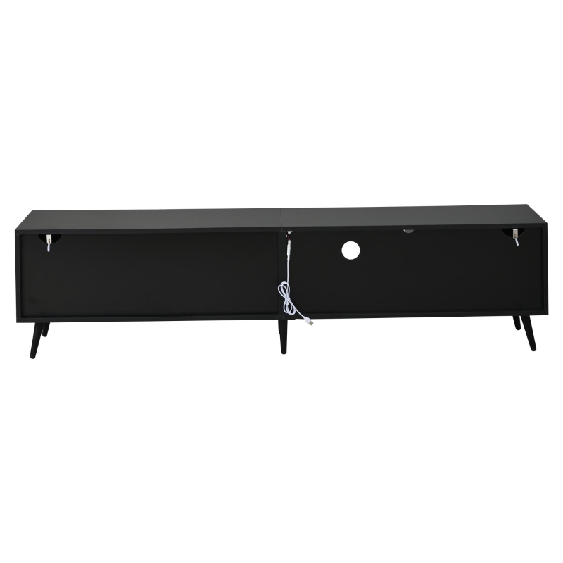 Meuble TV bas LED, convient pour 75 pouces, grand espace de rangement, 175x31x43,5 cm, Couleur naturelle+Noir