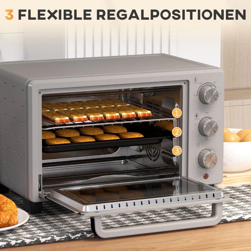 HOMCOM Mini-oven, 21 L broodrooster-oven met 1 draadrek en 1 bakplaat, 3 kookmodi, 100 °C-230 °C, roestvrij staal, glas, Zilver