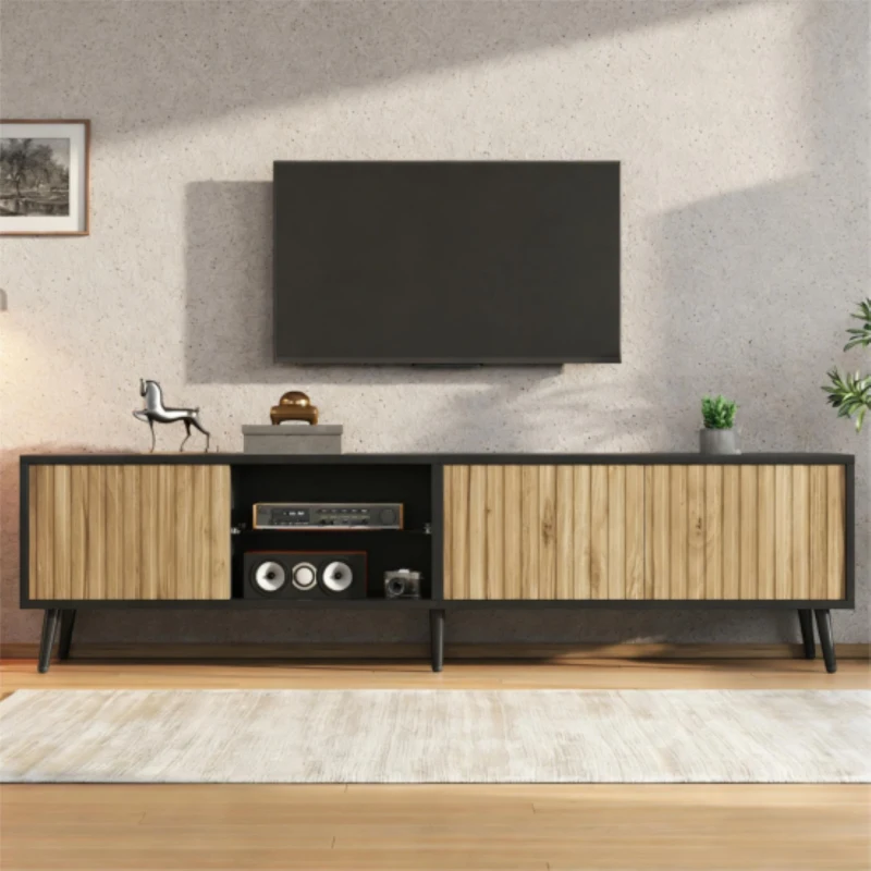 Meuble TV bas LED, convient pour 75 pouces, grand espace de rangement, 175x31x43,5 cm, Couleur naturelle+Noir