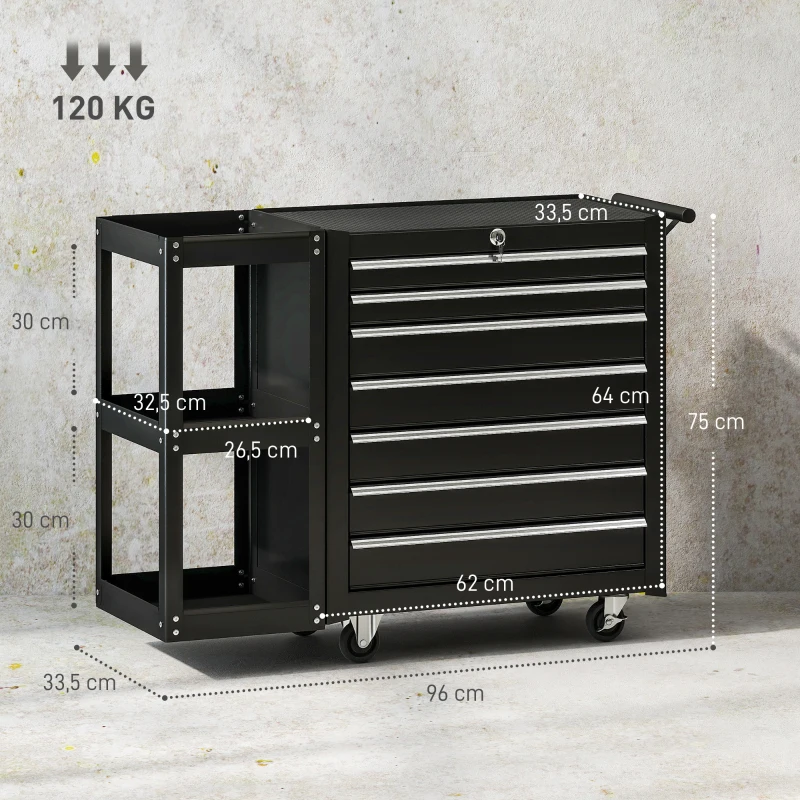 HOMCOM Gereedschapswagen met 7 lades, afneembaar zijrek, 4 wielen met parkeerrem, 96x33,5x75 cm, Zwart