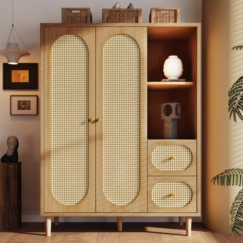 Guarda-roupa estilo rústico, 2 portas, 2 gavetas & prateleiras abertas para muito espaço de arrumação, 120x44x161 cm, Cor natural