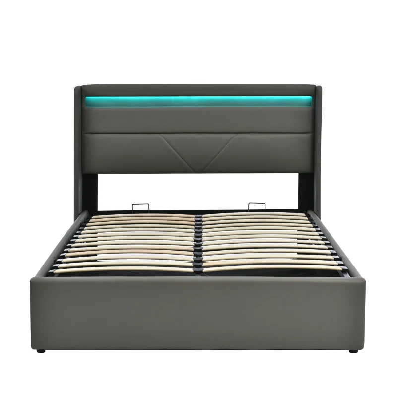 Letto contenitore matrimoniale con leva idraulica e rivestimento in ecopelle PU, 202x166x107.5 cm, Grigio