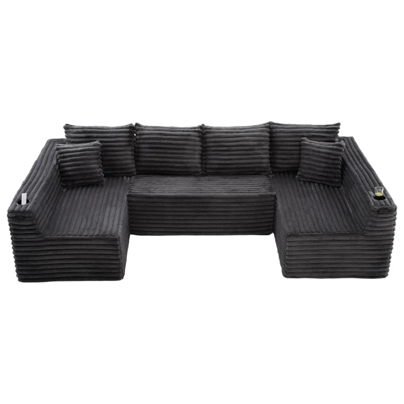 Divano a U in velluto a coste con portabicchieri integrato e tasca laterale, imbottitura a molle, 320x155x88 cm, Grigio scuro