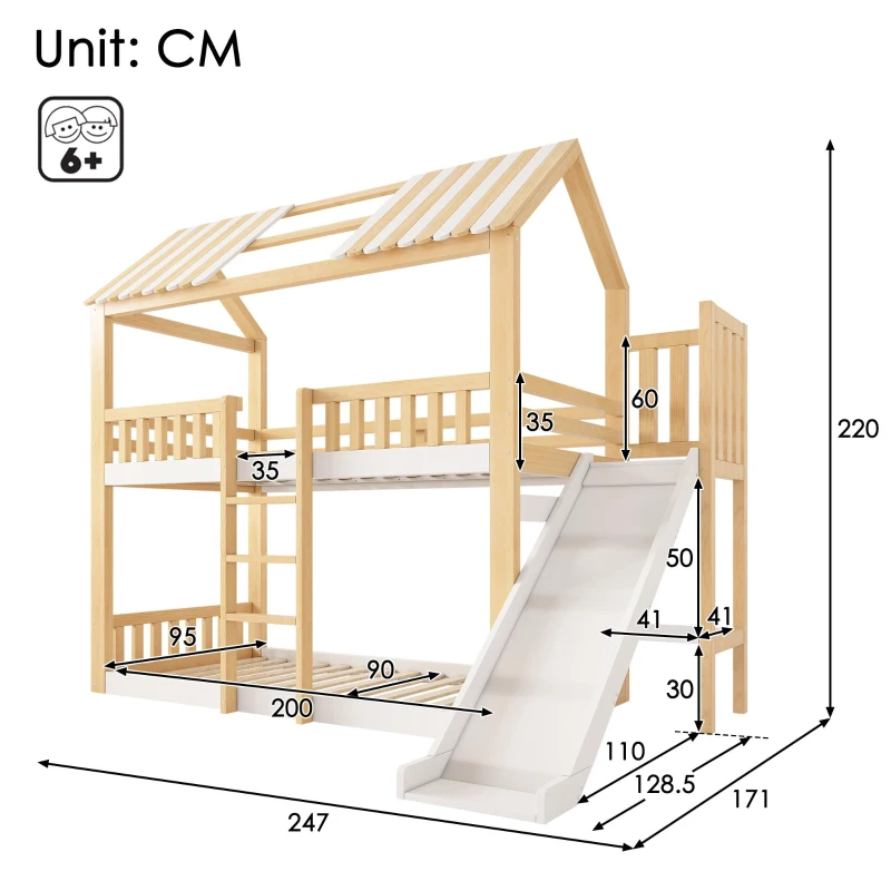 Beliche estilo cabana para crianças com telhado a duas águas, guarda‑corpo no estilo cerca de madeira, para colchões 90x200 cm, sem colchões, 247x171x220 cm, Branco