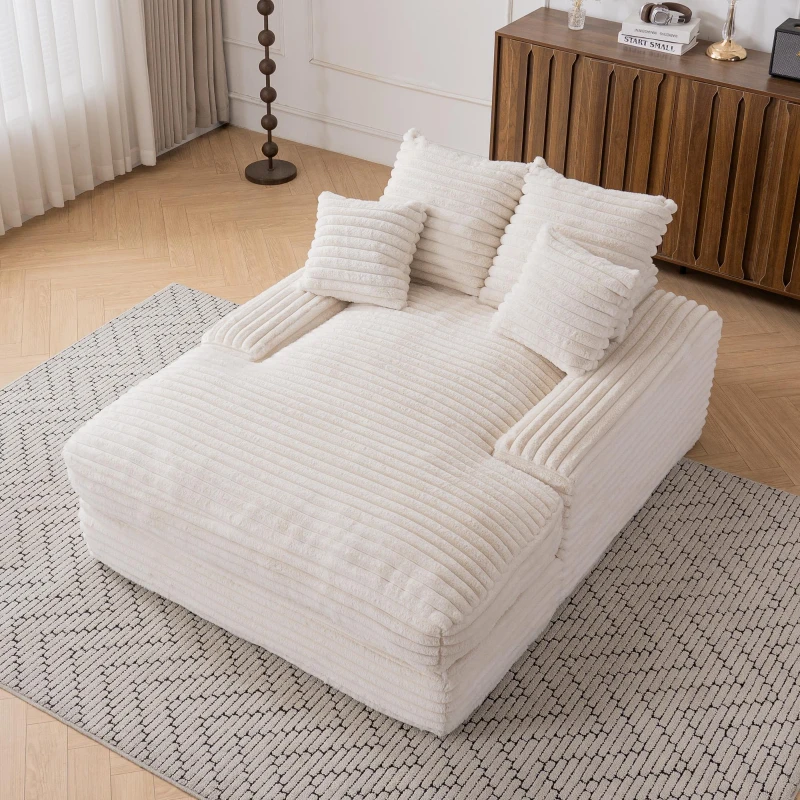 Chaise longue in velluto a coste con 4 cuscini rimovibili e schiuma memory ad alta densità, 165x135x58 cm, Beige