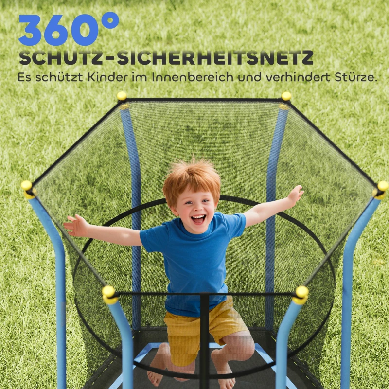 HOMCOM Trampolin für Kinder, 122 x 111 cm, mit Sicherheitsnetz, gepolstert, Stahl, belastbar bis 50 kg, Schwarz & Blau