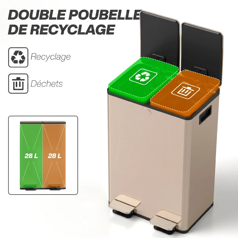 HOMCOM Poubelle de cuisine 2 compartiments de 2 x 28L, acier inoxydable, couvercle à fermeture douce, 45,8x36x67,6cm, or