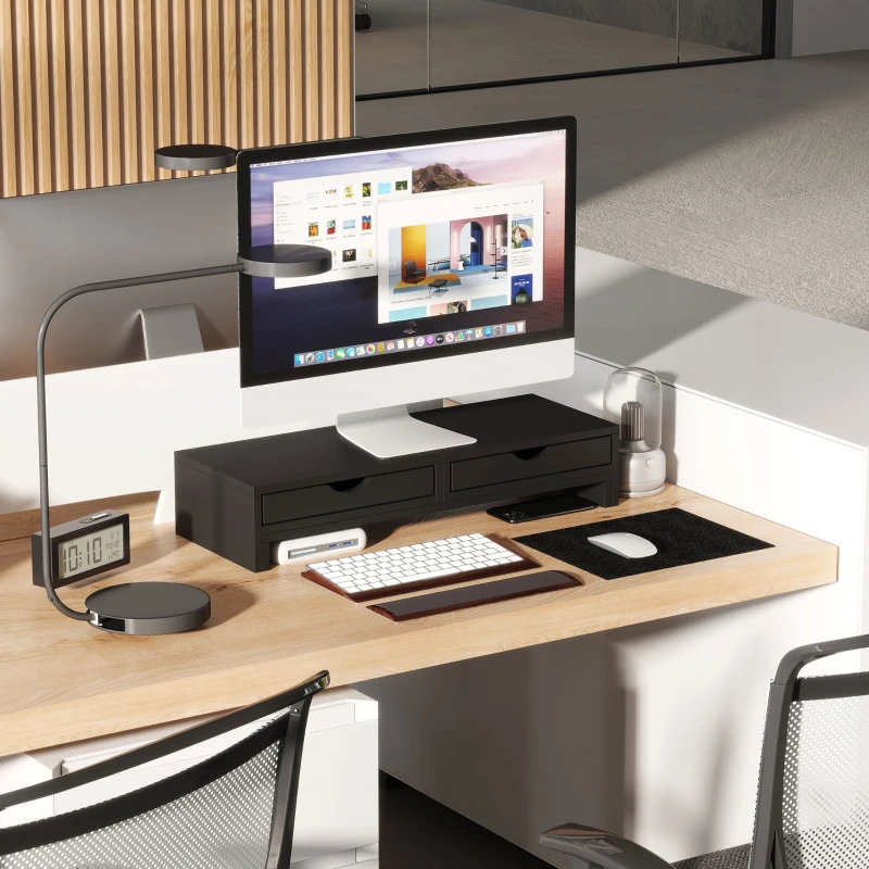 HOMCOM Elevador de monitor para mesa 60-116 cm com 2 gavetas, comprimento e ângulo ajustáveis