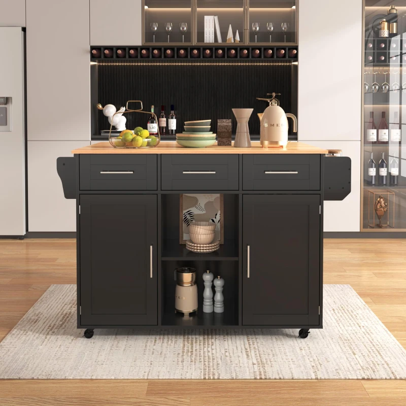 Gran carrito y aparador de cocina, encimera abatible, gran capacidad de almacenamiento, 139x46x91,5 cm, Negro