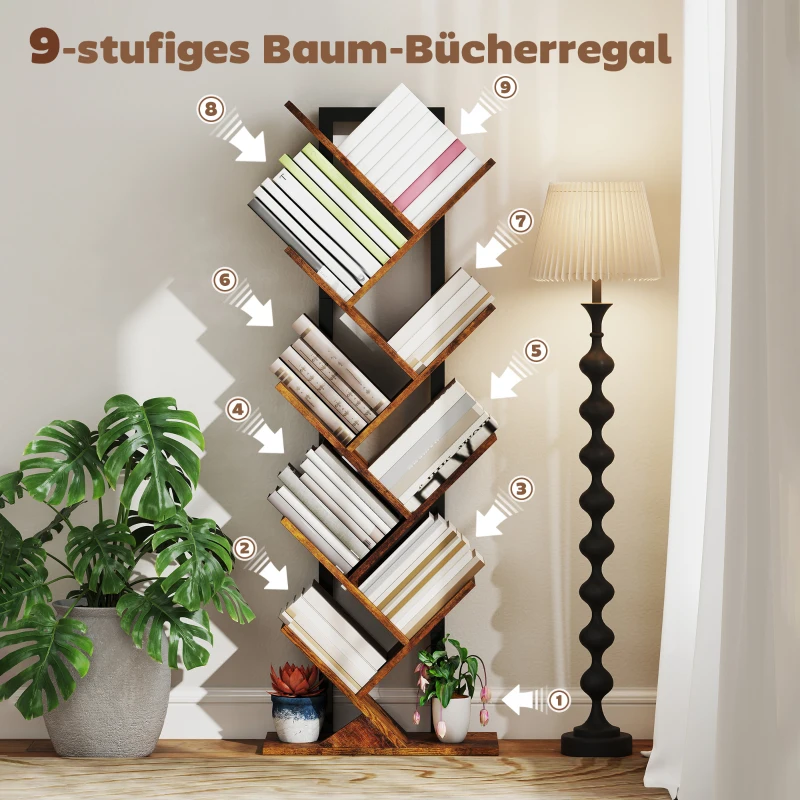 HOMCOM Boekenplank Standaard Rek met 9 Niveaus Smal Rek in Boomvorm voor Kantoor, Rustiek Bruin
