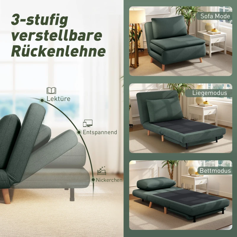 HOMCOM 3-in-1 slaapfauteuil met bedfunctie, ligfauteuil, verstelbare rugleuning, beukenhouten poten, kussen, Donkergroen