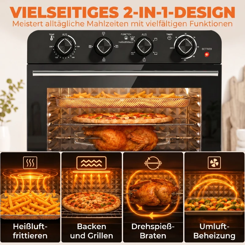 HOMCOM Heißluftfritteusen-Backofen mit Umluft und Drehspieß-Set, Temperaturregler, Timer, 1800 W