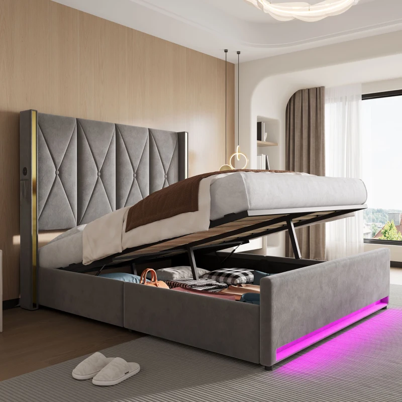 Letto contenitore vellutato con testiera imbottita e trapuntata e tasche laterali, 170x213x141 cm, Grigio scuro