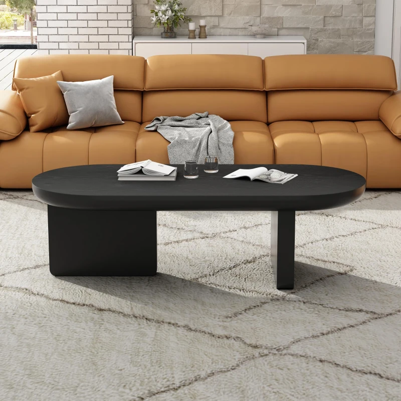 Table basse moderne minimaliste avec plateau ovale, deux pieds carrés avec patins en feutre antidérapants, 119,7x49,8x35,5 cm, Noir