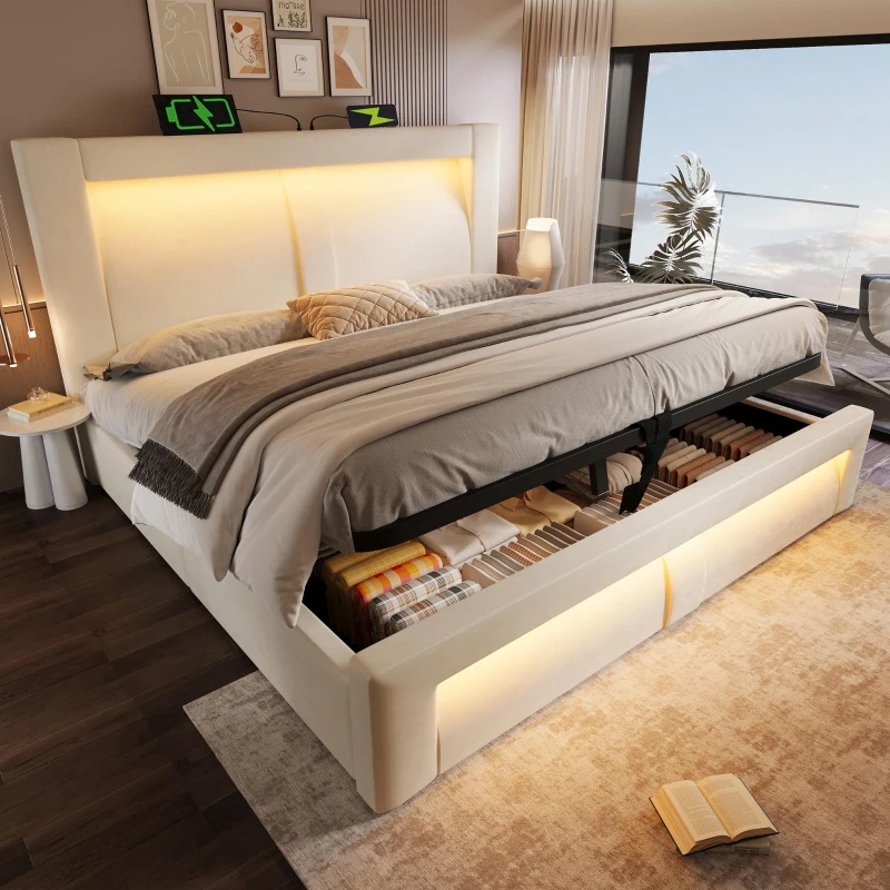Cama de casal 140x200 cm com arrumação hidráulica, estrutura metálica com estrado de ripas em madeira, 217x143x107 cm, Bege