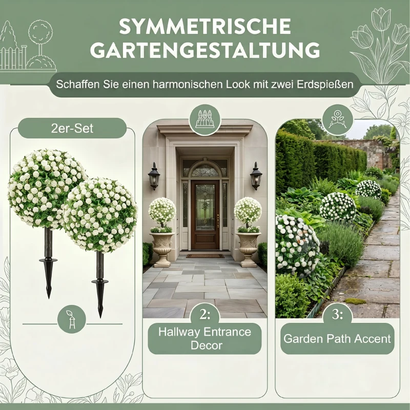 HOMCOM Kunstrozenbollen UV-bestendig voor buiten, set van 2 rozenbomen, 55 cm, wit