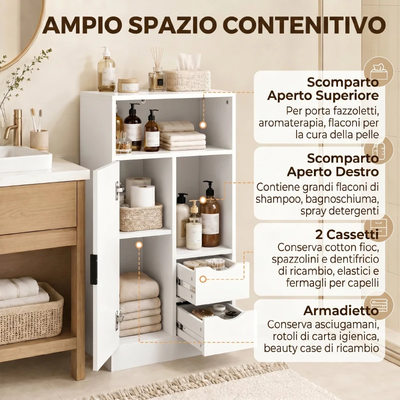 HOMCOM Mobile Bagno Slim con Cassetti e Ripiani Aperti, 50x25x100 cm, Bianco