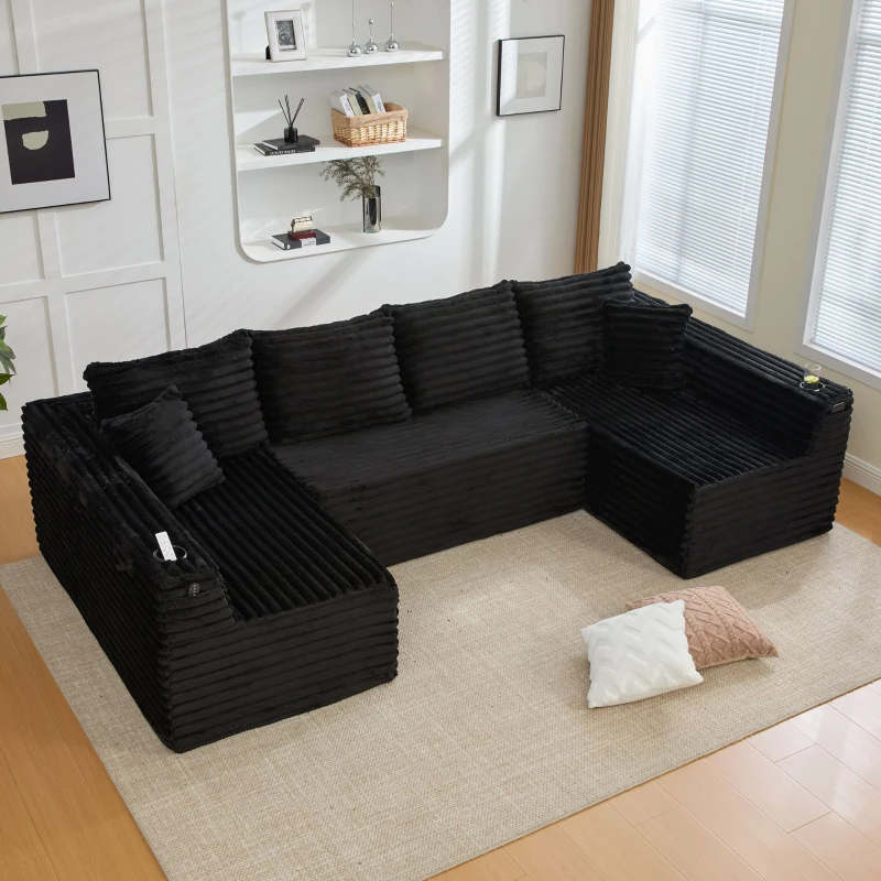 Divano a U in velluto a coste con portabicchieri integrato e tasca laterale, imbottitura a molle, 320x155x88 cm, Nero