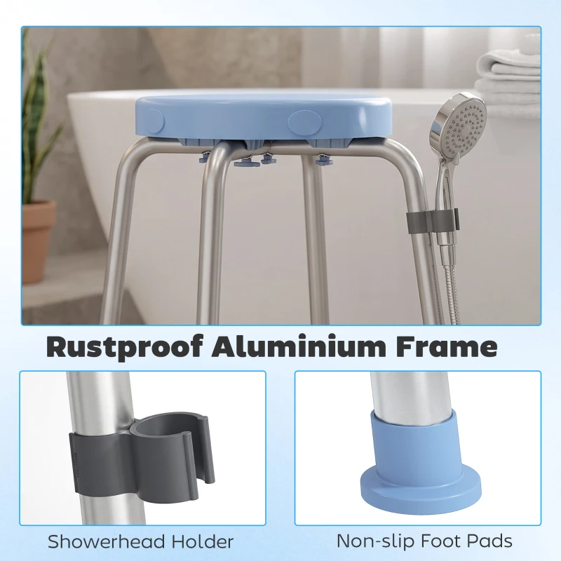 HOMCOM Taburet de Duș Rotativ, 5 Înălțimi Reglabile, Antiderapant, din Aliaj de Aluminiu, 136 kg, Albastru Deschis