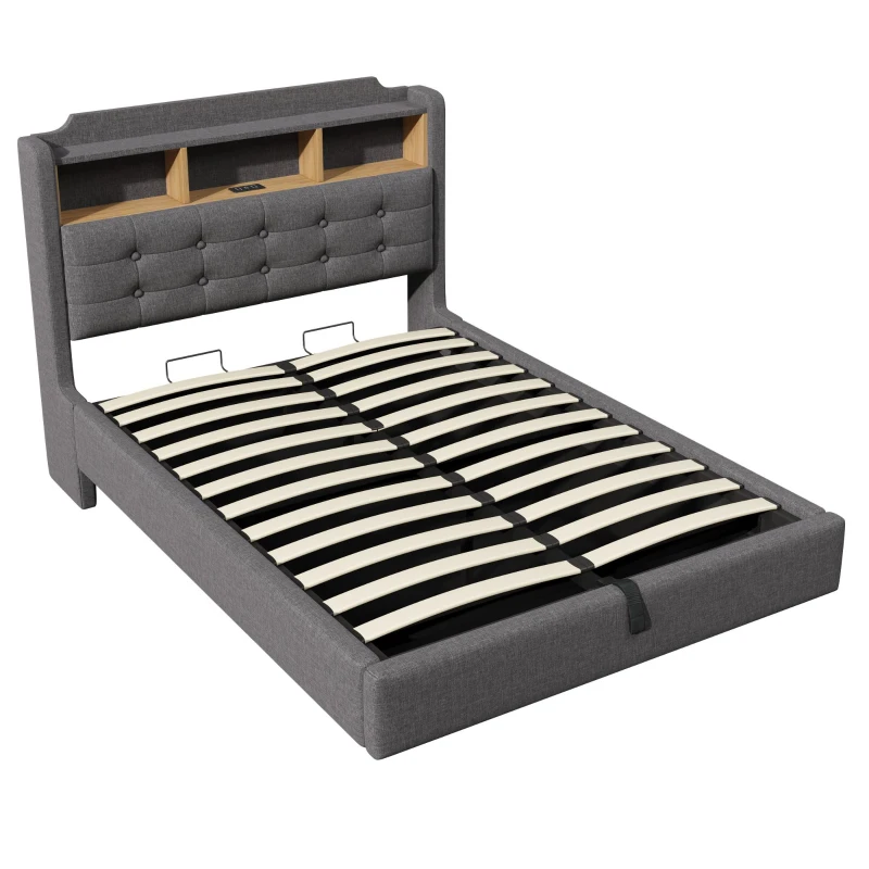 Cama estofada 140 × 200 cm, iluminação LED, design flutuante, sem colchão, 217x141x110 cm, Cinzento