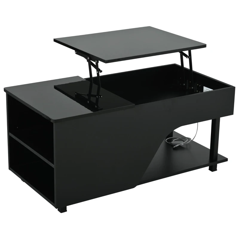 Table basse réglable en hauteur avec rangement caché, compartiments latéraux réglables, 50x100x46 cm, Noir