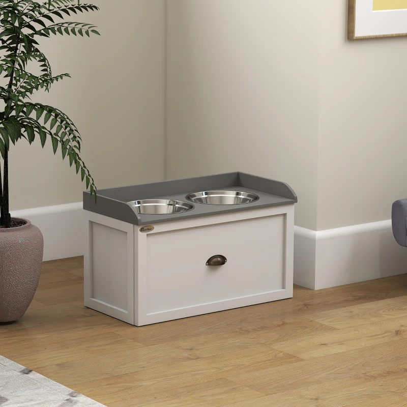 PawHut Gamelle double chien chat - porte-gamelles surélevé rangement 2 en 1 - tiroir, 2 gamelles - acier inox. MDF blanc gris