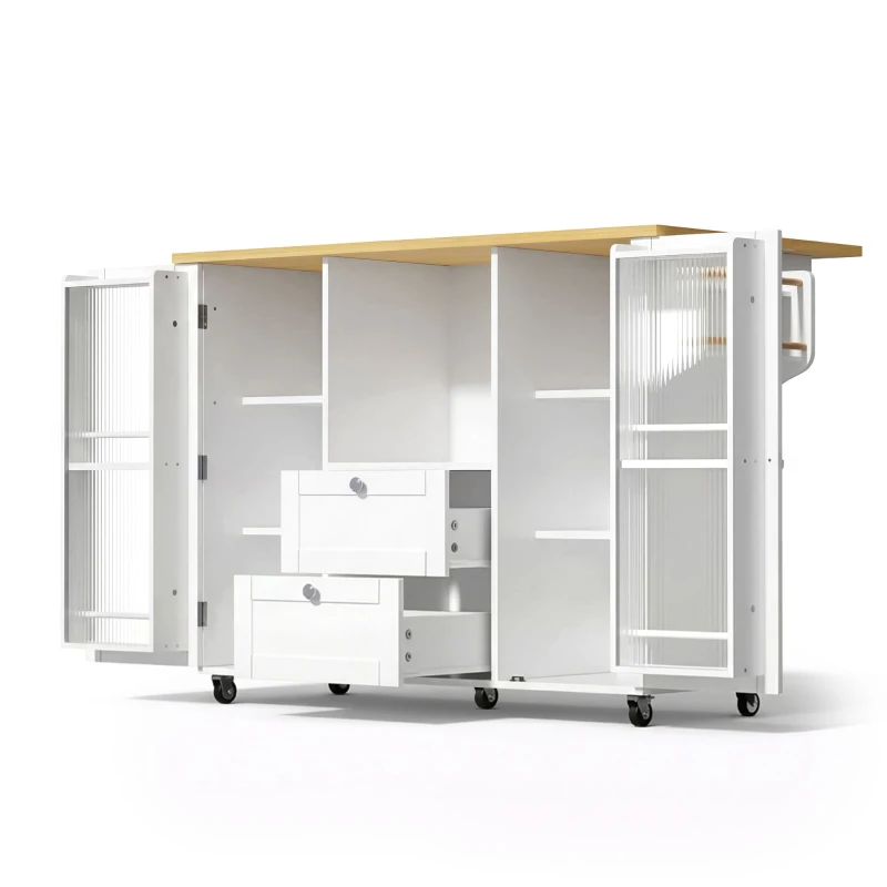 Isla de cocina sobre ruedas con encimera abatible, protección antivuelco y ruedas con bloqueo 360°, 120x70x92 cm, Blanco