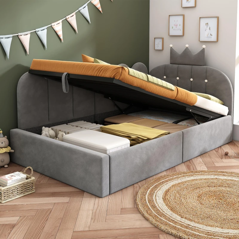 Letto singolo a L imbottito con spazio contenitore inferiore, 199x96x96 cm, Grigio