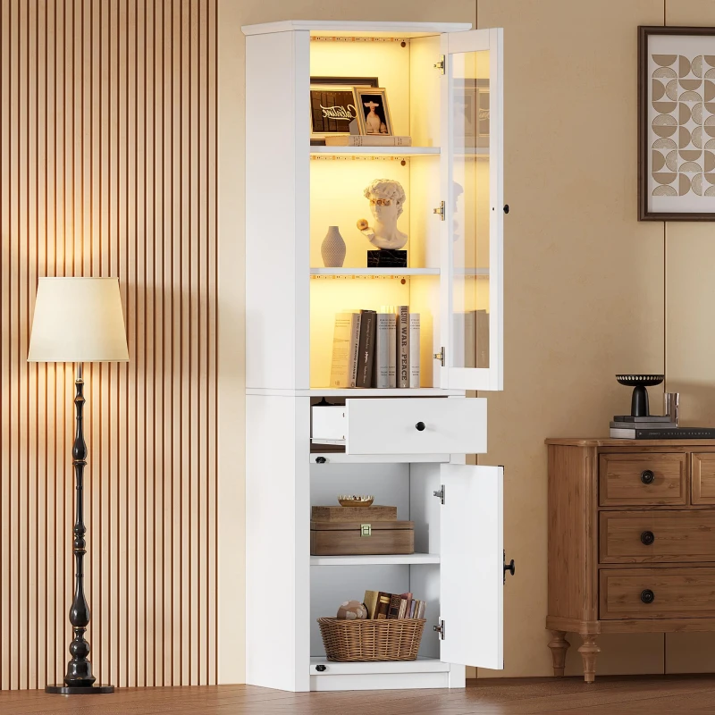 Vitrine alta com iluminação LED, grande espaço de arrumação com 3 prateleiras de vidro, 1 gaveta e 2 portas, 55x40x200 cm, Branco