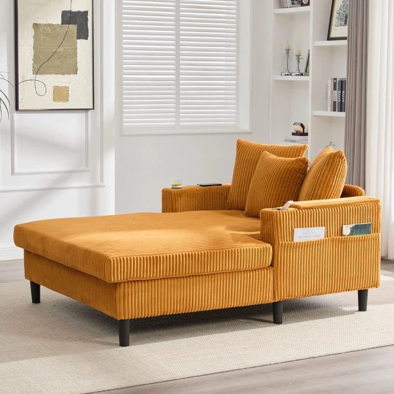 Chaise-longue multifuncional em veludo cotelê, porta-copos em ambos os lados e apoio de braço rebatível, 129x170x70 cm, Amarelo mostarda