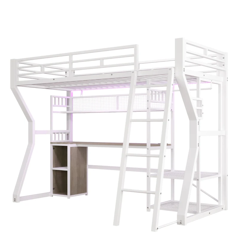Letto a soppalco per materasso 90x200 cm con scomparti portaoggetti e spazio inferiore LED aperto, 204x131.5x180 cm, Bianco