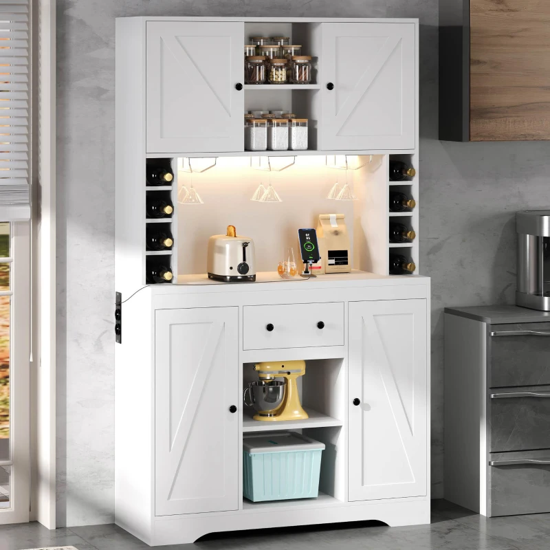 Dispensa da cucina con piano multiuso, ripiani regolabili, ganci in acciaio inox e cantinetta vini, 105x40x180 cm, Bianco