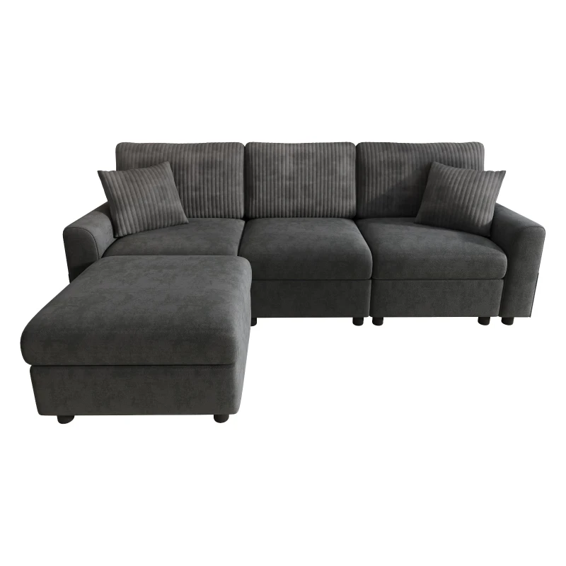 Divano moderno con pouf poggiapiedi, ricarica laterale doppia e 2 cuscini quadrati, 223x146x84 cm, Nero