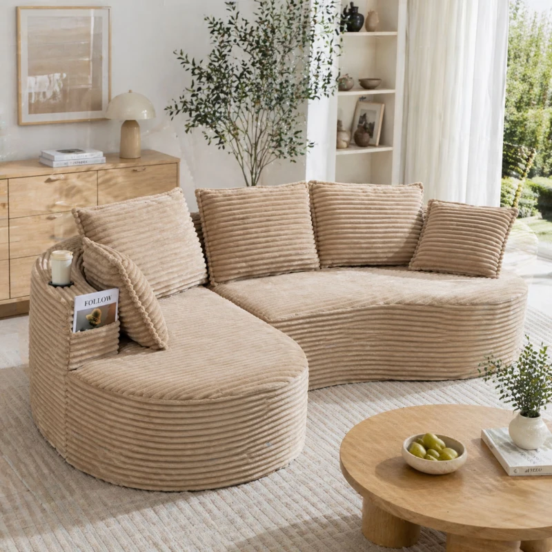 Bogesofa em veludo cotelê, com porta-copos em ambos os lados e bolso lateral, inclui almofadas, 250x152x82 cm, Caqui