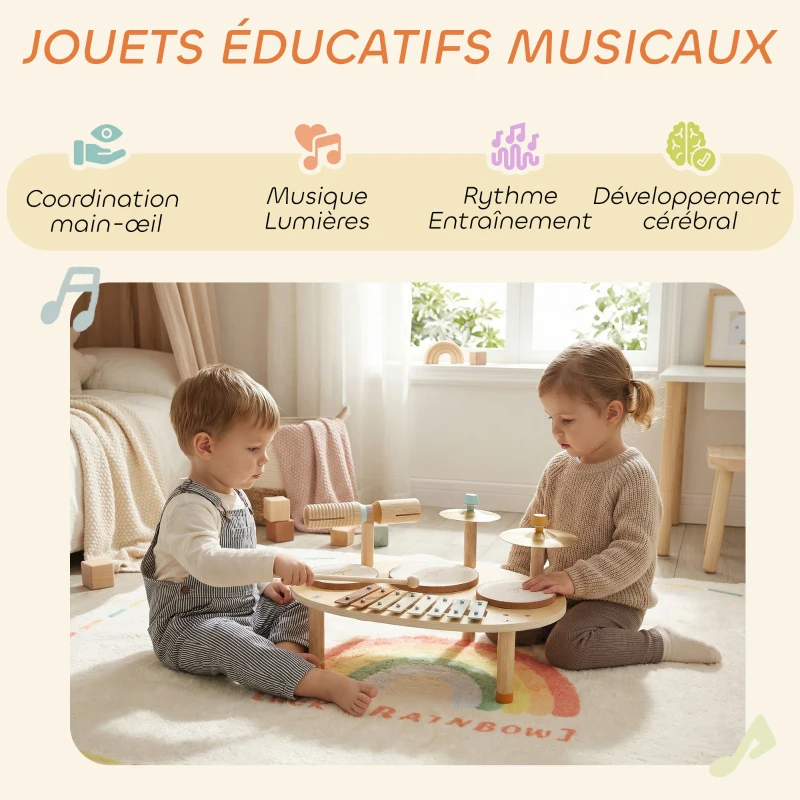 AIYAPLAY Jeux de Tambours pour Bébé, Tambour bébé avec Xylophone pour Tout-Petits, Instruments de Musique en Bois, Naturel