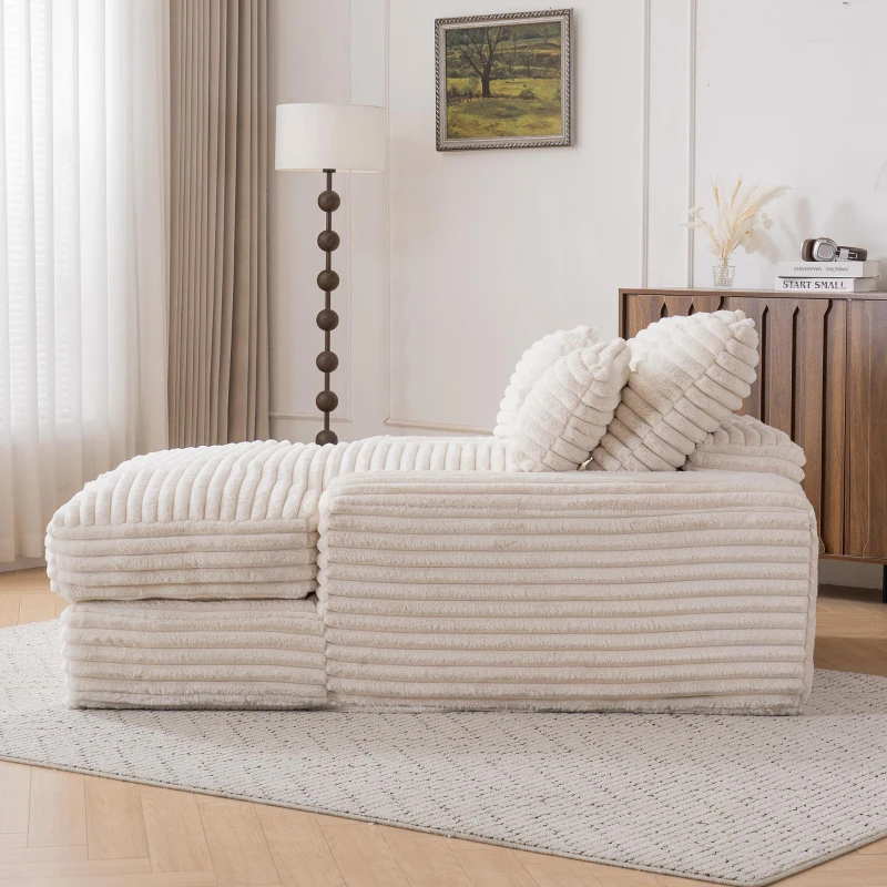 Chaise longue in velluto a coste con 4 cuscini rimovibili e schiuma memory ad alta densità, 165x135x58 cm, Beige