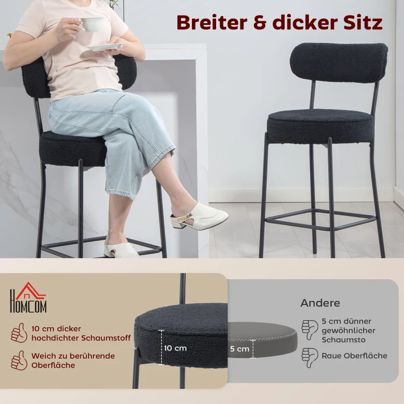 HOMCOM 2-delige Barstoelen met Gestoffeerde Zitting en Voetensteun, Fleece Bekleding, Metalen Frame, Zwart