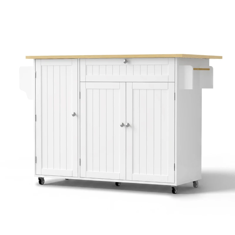 Isola per cucina mobile con piano di lavoro ribaltabile e alungabile per pranzo, 120x70x92 cm, Bianco