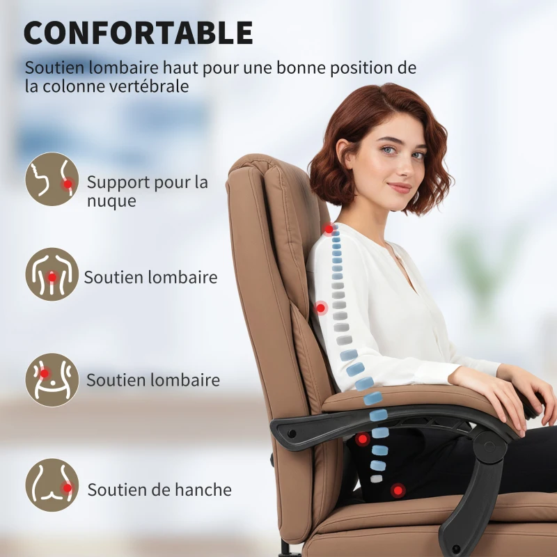 HOMCOM Chaise bureau ergonomique, fauteuil de bureau avec dossier inclinable, hauteur réglable, 65x67x111-119cm, marron