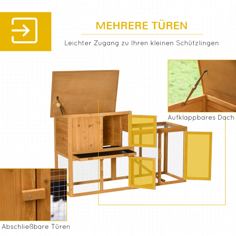 PawHut Buitenhok met Speelruimte, Uitschuifbare Bodemlade, Weerbestendig, 141 x 60 x 86 cm, Oranje