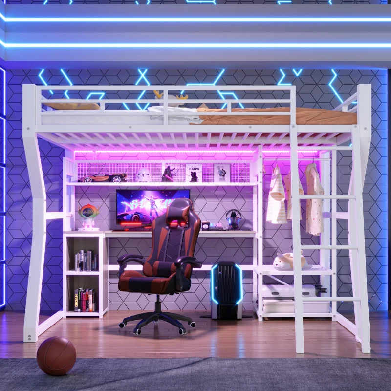 Cama alta 140x200 cm com secretária integrada, fita LED regulável e tomada integrada, 204x181,5x180 cm, Branco