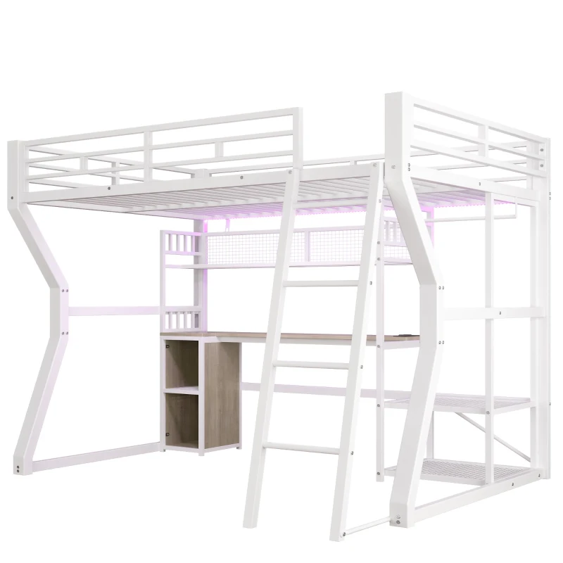 Lit mezzanine 140x200 cm avec bureau intégré, bande LED réglable et prise intégrée, 204x181,5x180 cm, Blanc