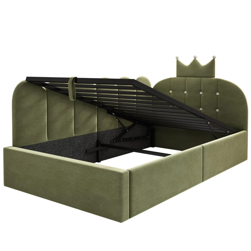 Cama de día tapizada 90x190 cm, almacenamiento hidráulico, forma en L reversible, sin colchón, 199x96x96 cm, Verde